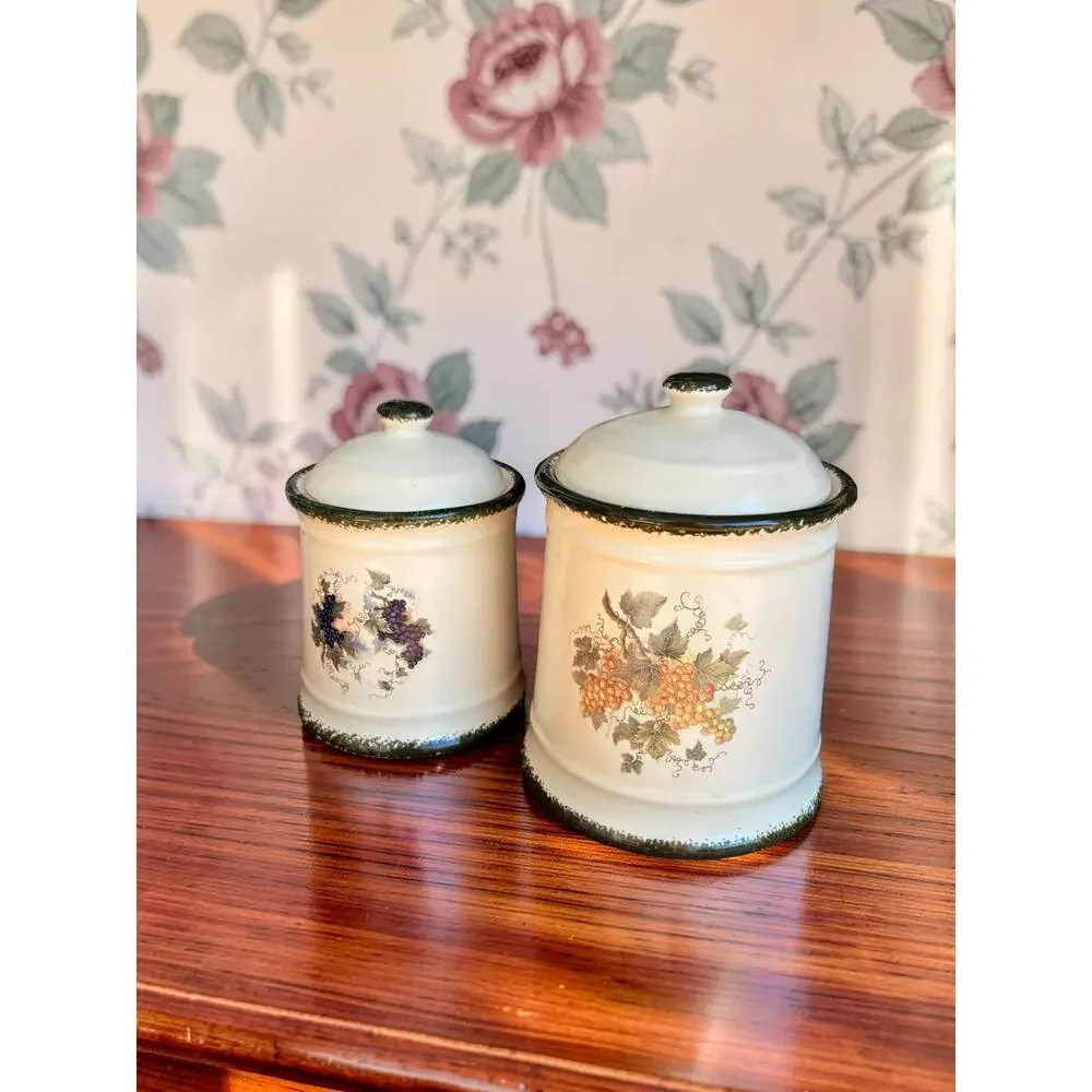 Vintage World China Grape Canister Set 2 Ceramic Cream Green Country Kitchen